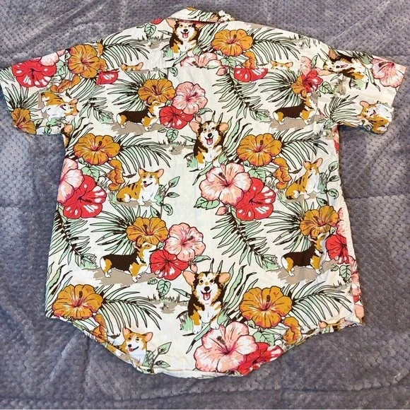 Hot Topic Corgi Tropical Hibiscus Floral Button Up Shirt Mens Medium Cream Short - Picture 5 of 6